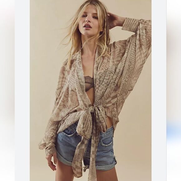 Free People Hypnotic Tie Front Kimono Blouse One Size Fits Most - Picture 1 of 16